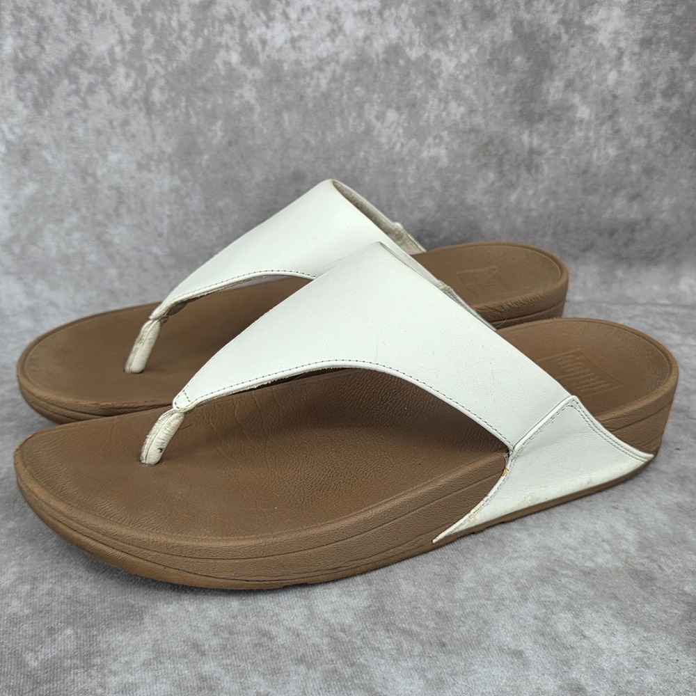 FitFlop Lulu White Leather Toe-Post Wedge Sandals Women's 10 Comfort Shoes